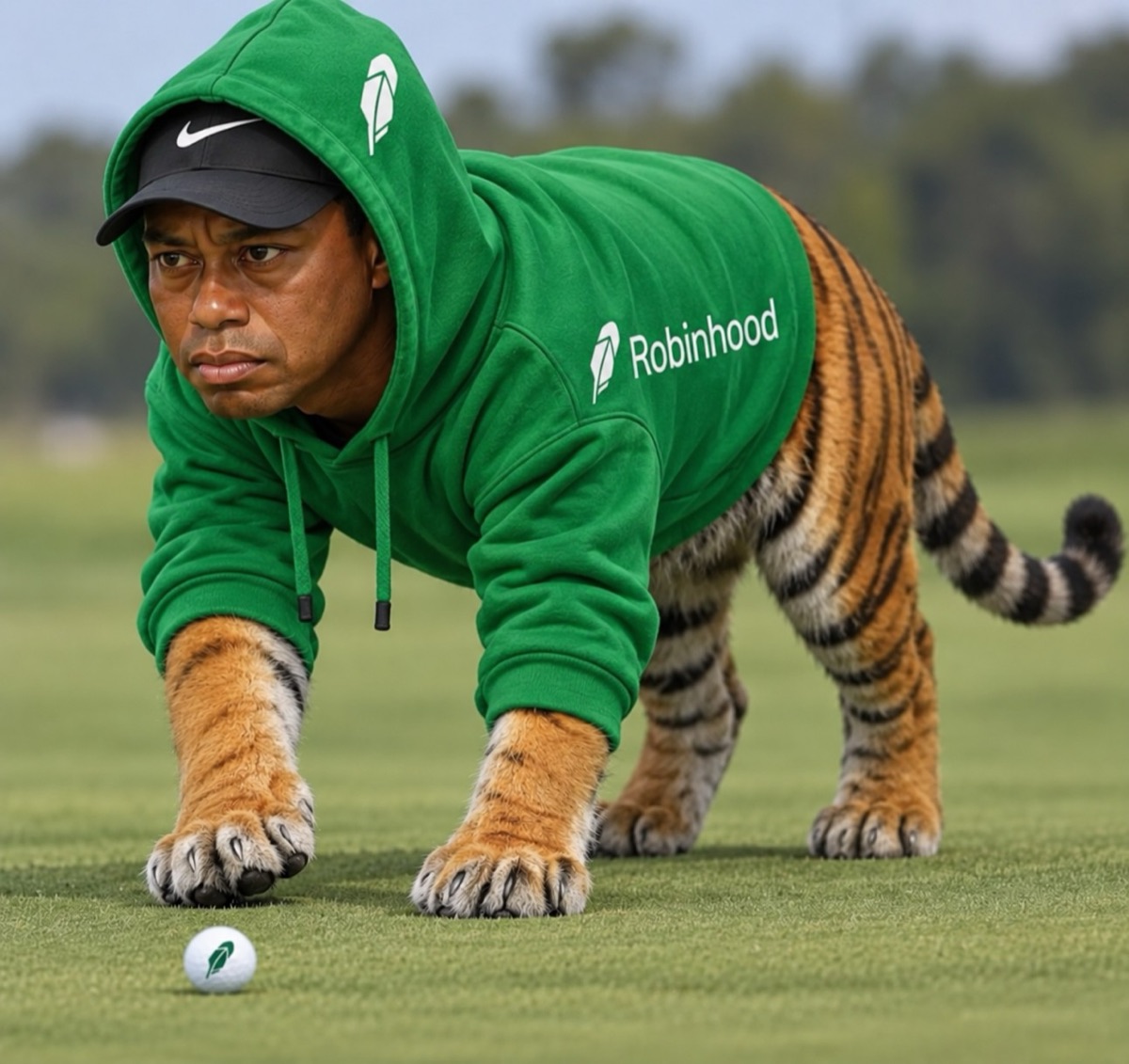 Tiger Hoods in the green Robinhood hoodie on the green